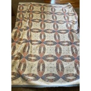 VTG Blanket Pink Blue Quilt Pattern Poly Satin Trim Acrylic USA Americana